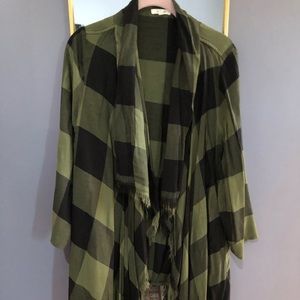 Green & Black Plaid Open Cardigan